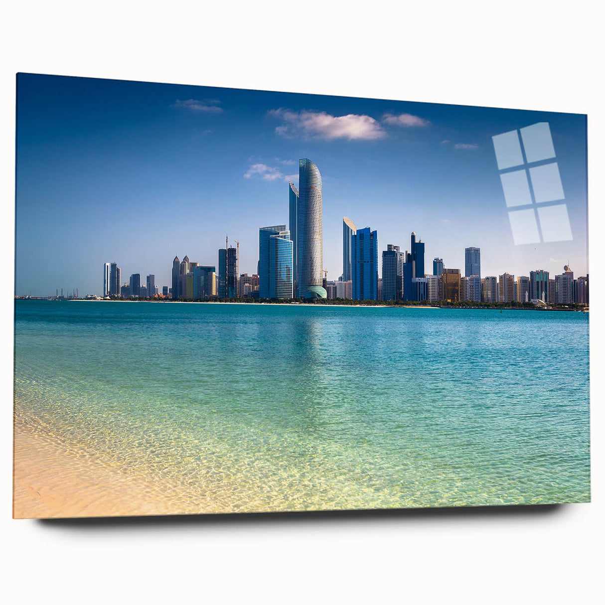 Large abstract depiction of the Abu Dhabi skyline in muted earth tones on acrylic glass.