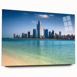 Large abstract depiction of the Abu Dhabi skyline in muted earth tones on acrylic glass.