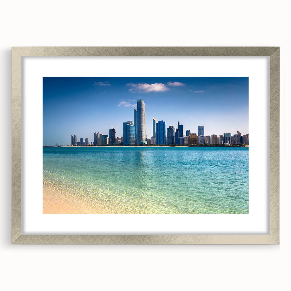 Textured abstract art print of Abu Dhabi skyline in muted earth tones on a framed canvas, suitable for bedroom decor.