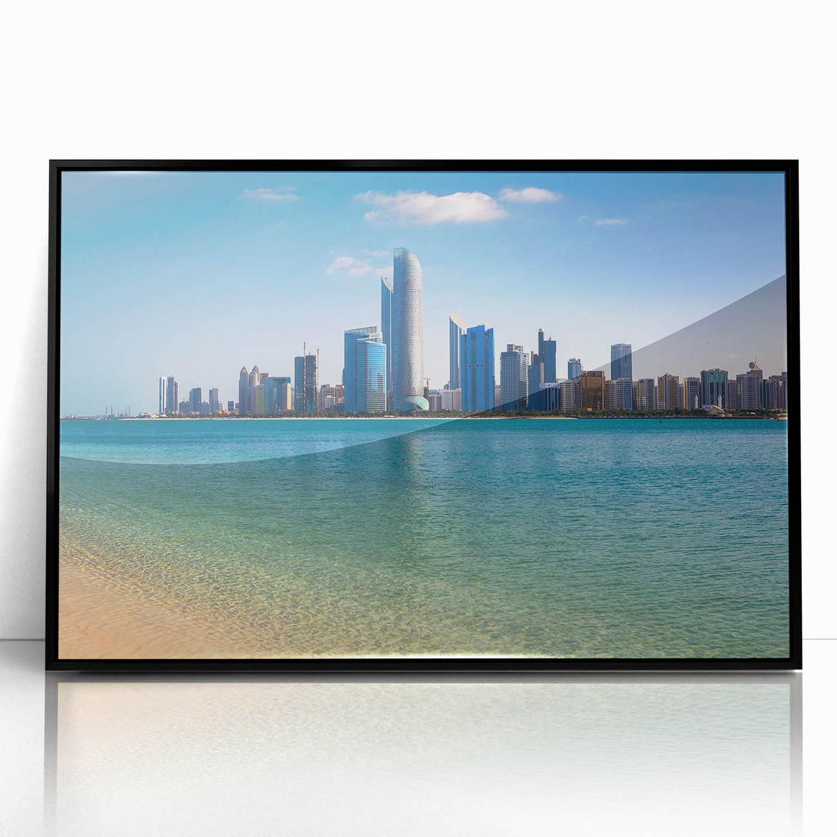 Large abstract wall art depicting the Abu Dhabi skyline in muted gray tones on a framed acrylic.
