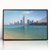 Large abstract wall art depicting the Abu Dhabi skyline in muted gray tones on a framed acrylic.