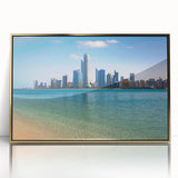 Large acrylic print of Abu Dhabi skyline in gold and blue tones, framed, ideal for modern art wall decor.