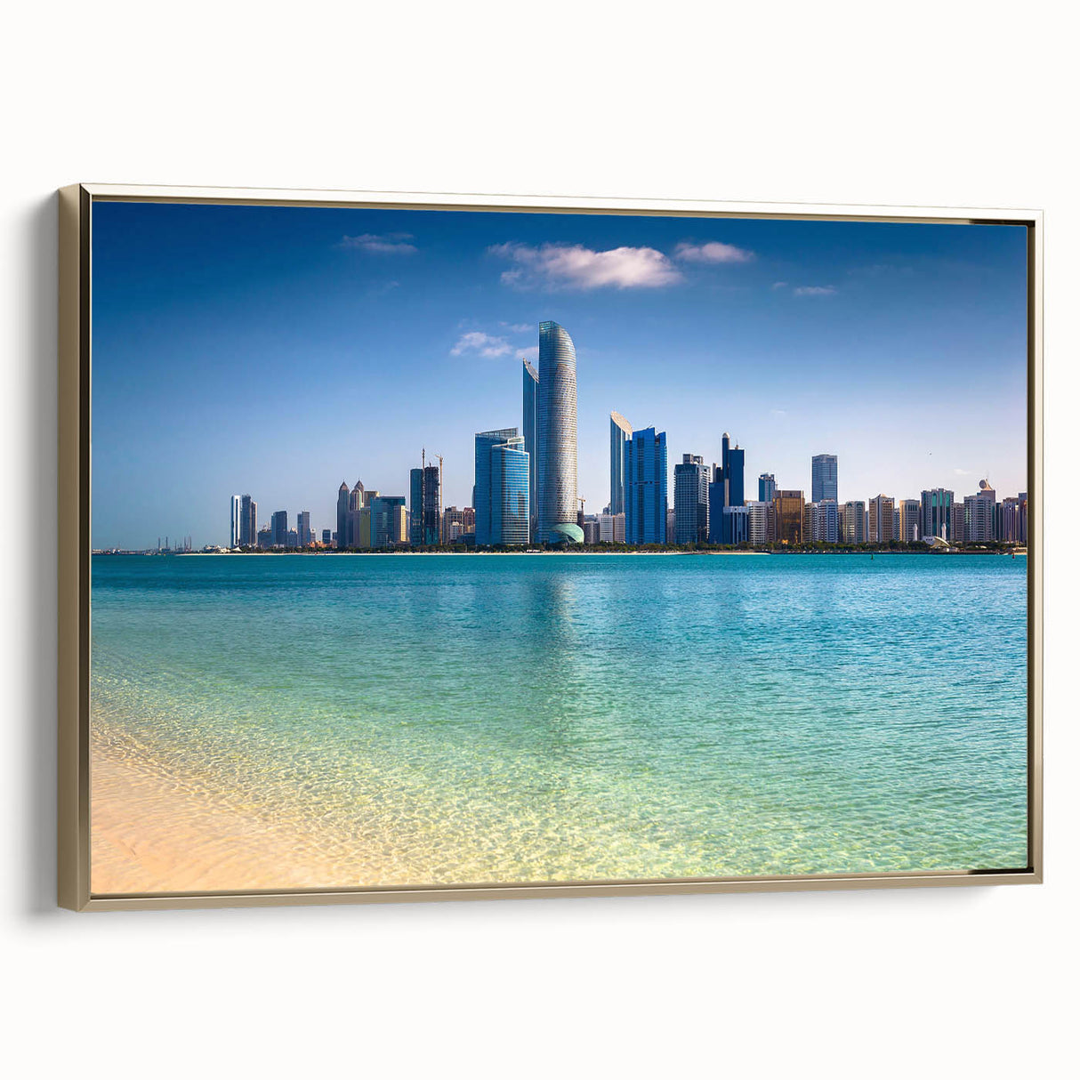 Framed canvas of Abu Dhabi landscape with gold and black tones, ideal for bedroom wall art.