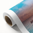 Art deco poster of Bora Bora scenery on rolled canvas, featuring serene blue and green tones, ideal for nursery wall art.