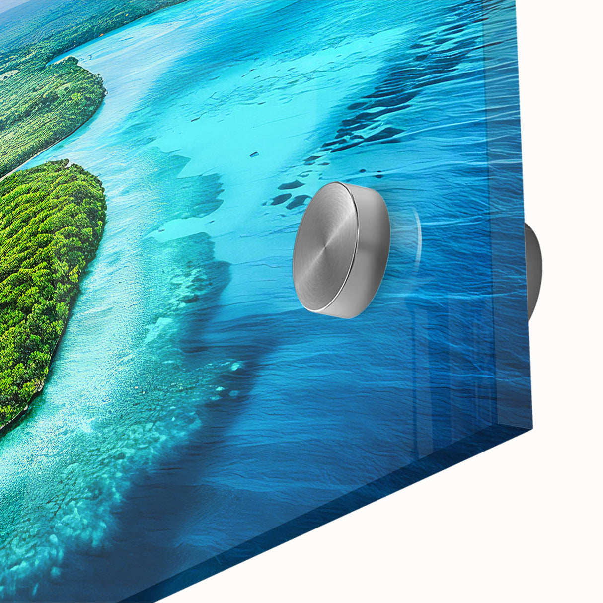 Large abstract wall art featuring mid-century modernist style, with vibrant oceanic hues on acrylic glass.