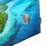 Large abstract wall art featuring mid-century modernist style, with vibrant oceanic hues on acrylic glass.