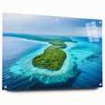 Large abstract wall art depicting serene Micronesian scenery in blue and green tones, acrylic glass.