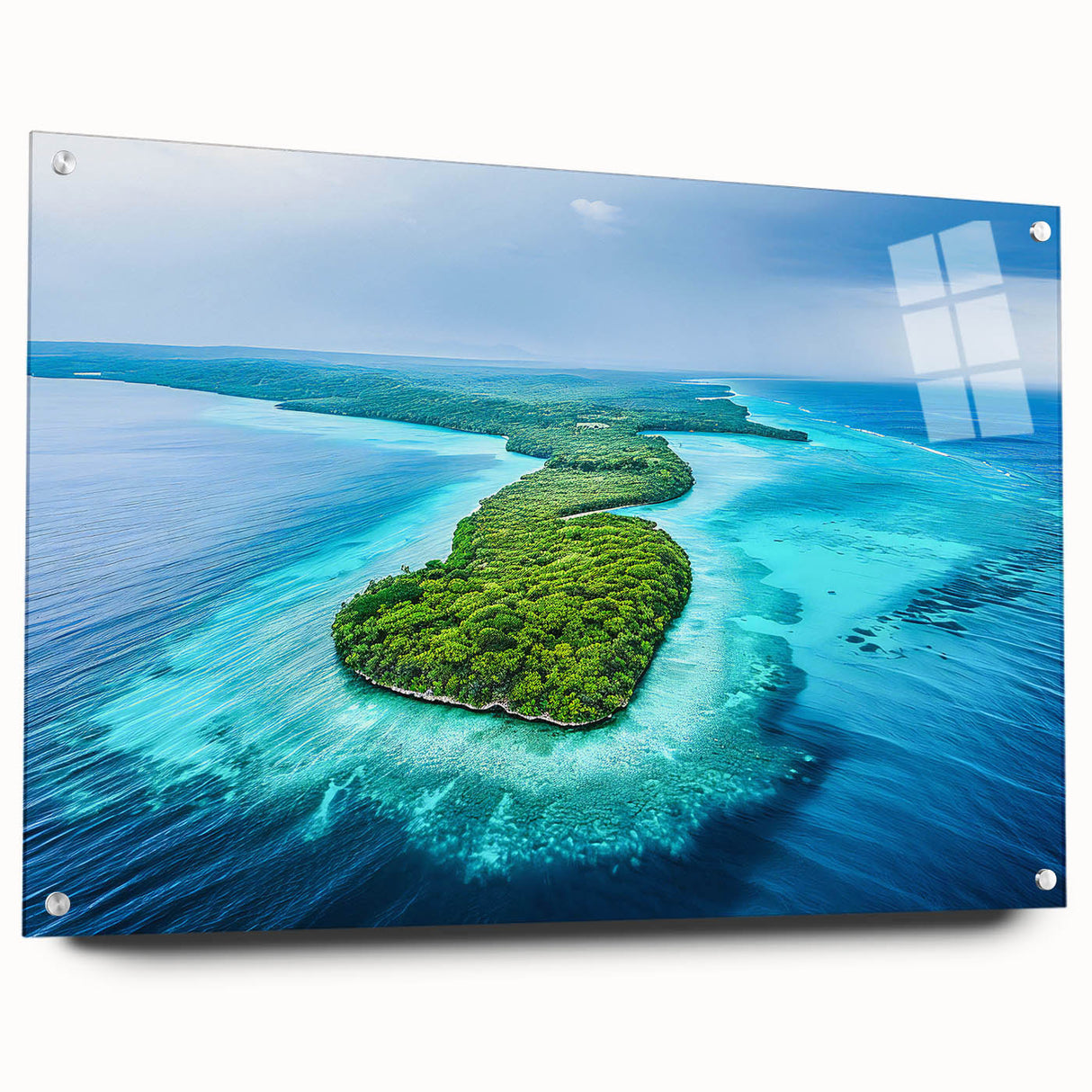 Large abstract wall art depicting serene Micronesian scenery in blue and green tones, acrylic glass.