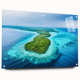 Large abstract wall art depicting serene Micronesian scenery in blue and green tones, acrylic glass.