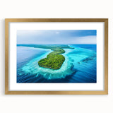 Extra large abstract art print of a textured oceanic scene in muted blue and green hues, framed in gold.
