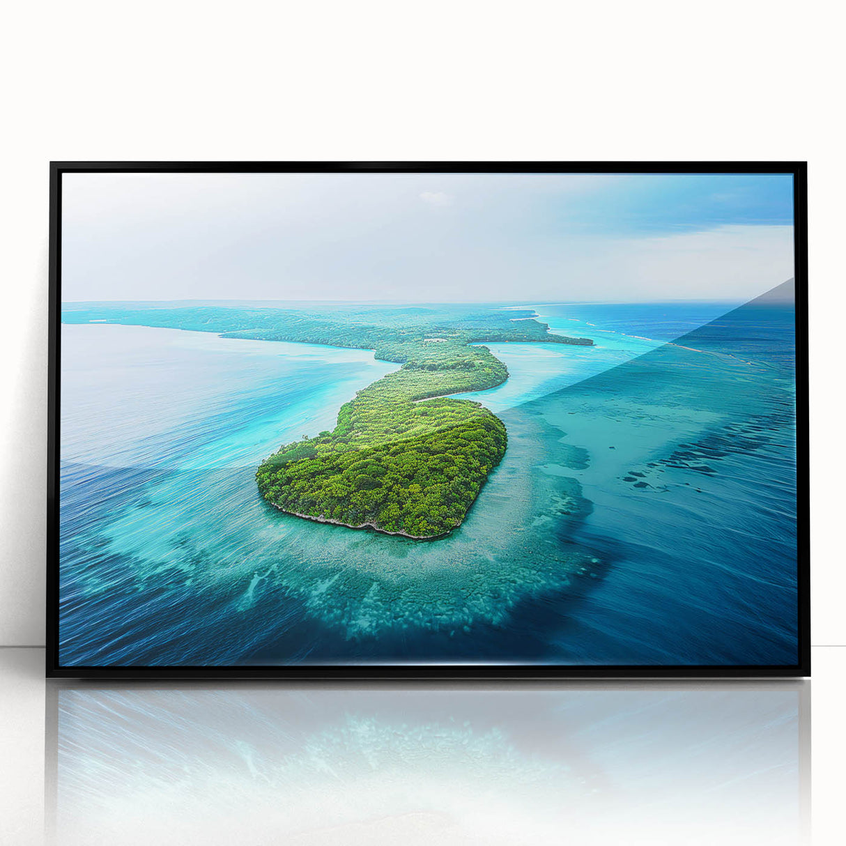 Large abstract wall art depicting an oceanic scene in shades of blue and teal, framed in black acrylic.