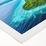 Art deco poster of an oceanic Micronesian scenery in pastel shades on rolled canvas, suitable for dining room decor.