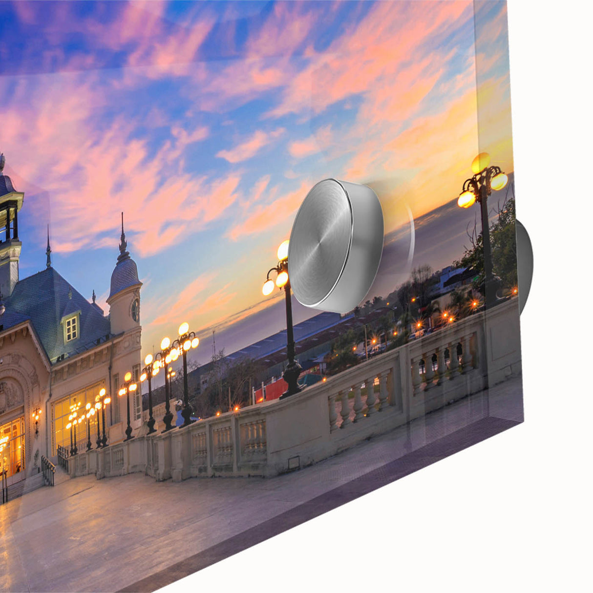 Large abstract wall art of Buenos Aires with vibrant orange and blue tones on acrylic glass.