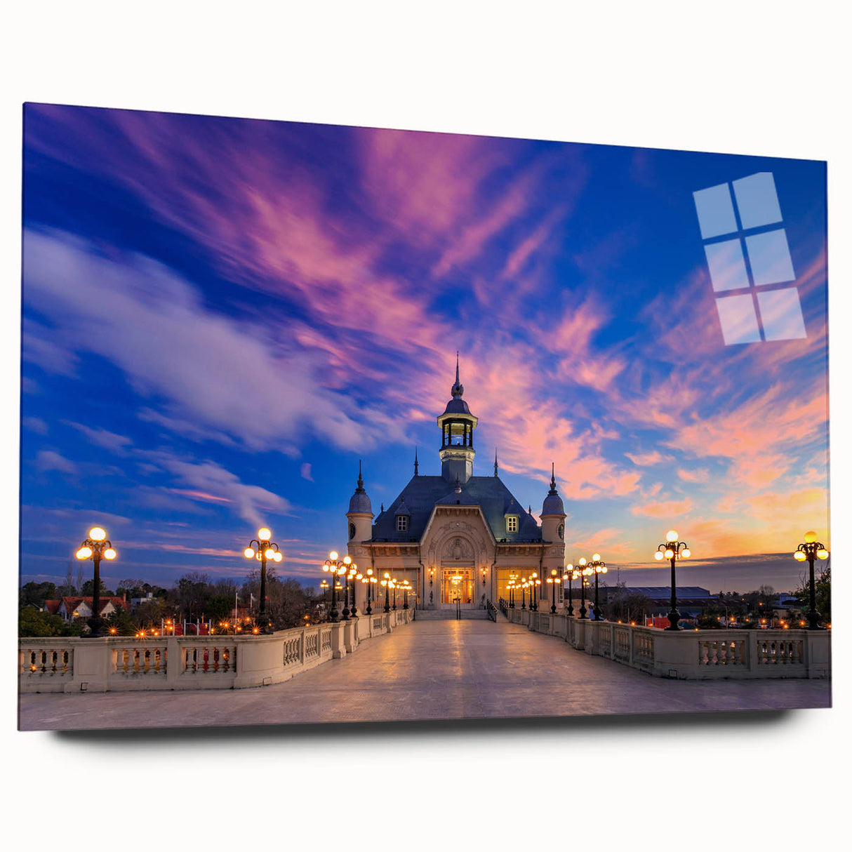 Large abstract wall art depicting a Buenos Aires cityscape in muted gray and blue tones on acrylic glass.