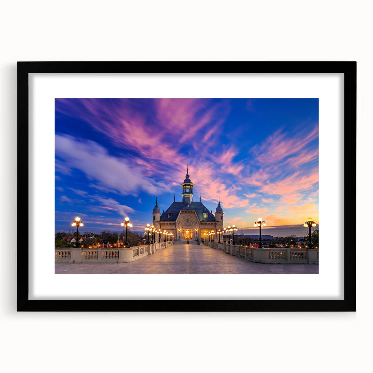 Extra large abstract art print featuring vibrant, textured colors of Buenos Aires skyline on a black framed canvas.