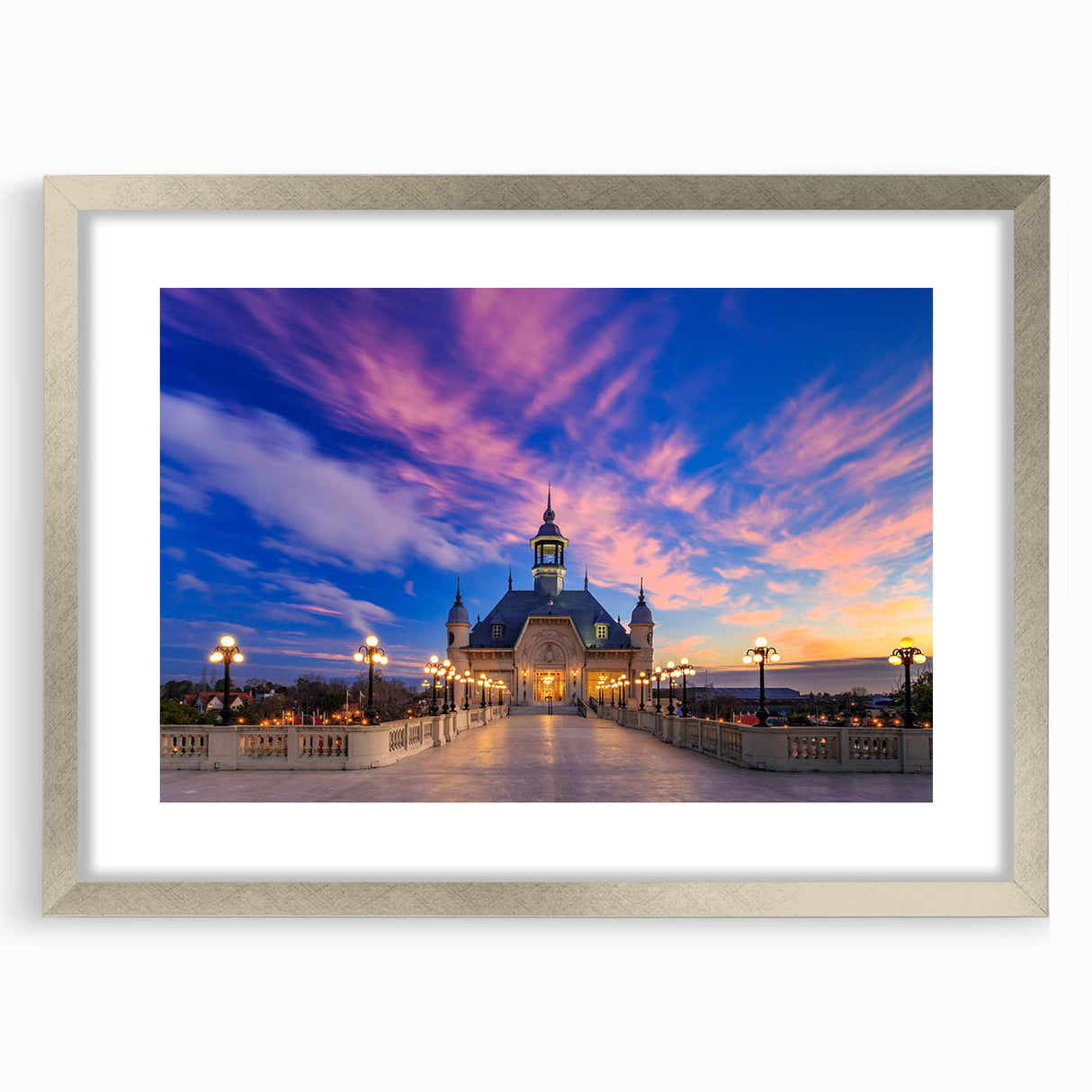 Textured abstract art print depicting a muted silver and gray cityscape of Buenos Aires, framed with a silver mat.