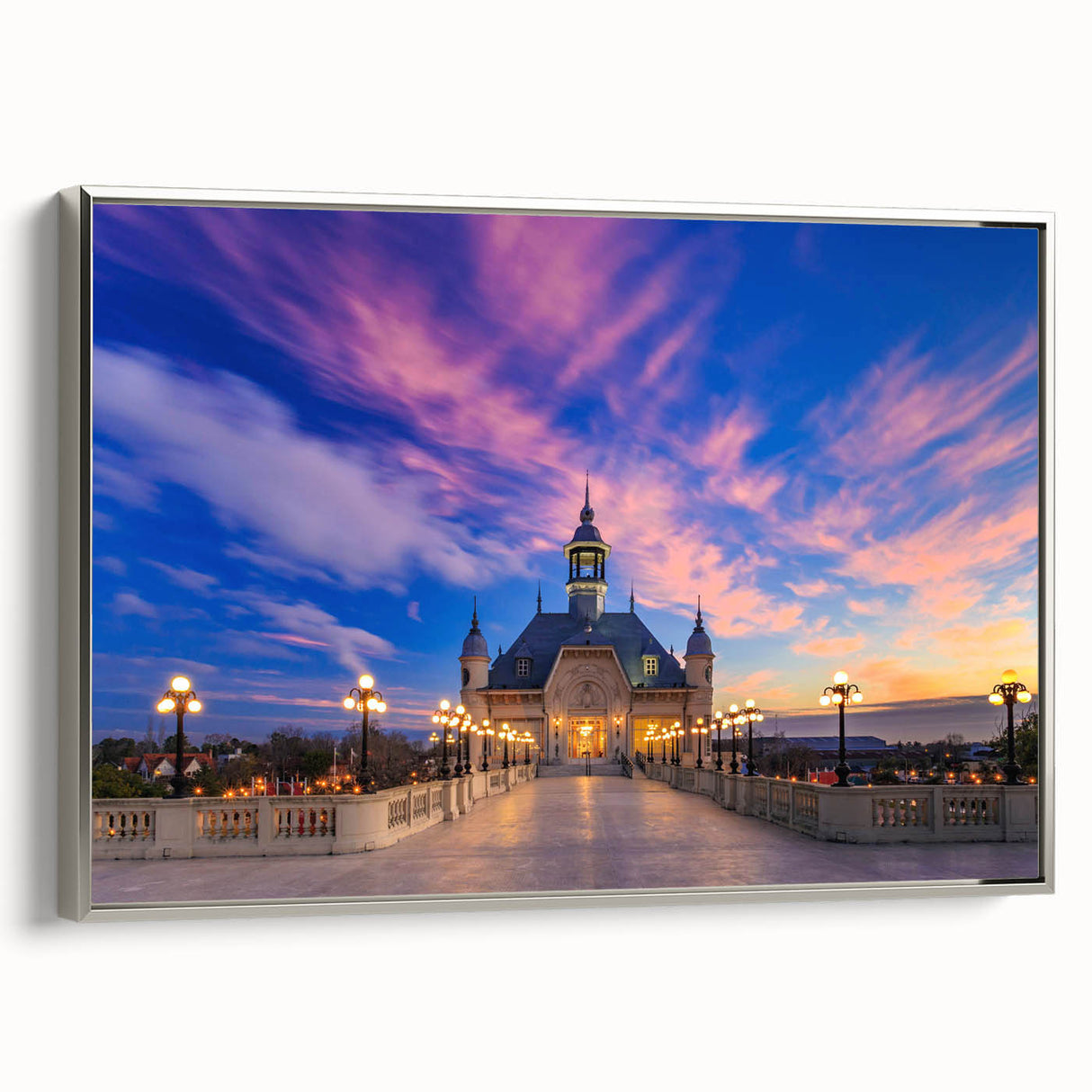 Framed canvas landscape art painting of Buenos Aires with colorful vintage poster art style on a black background.