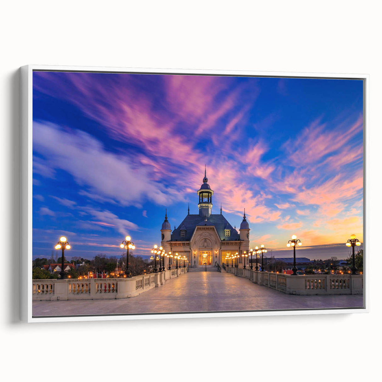 Vintage poster art of Buenos Aires skyline in vibrant colors on a framed canvas, ideal for living room decor.
