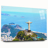 Acrylic print of a large abstract depiction of a Brazilian landscape in vibrant greens and blues.