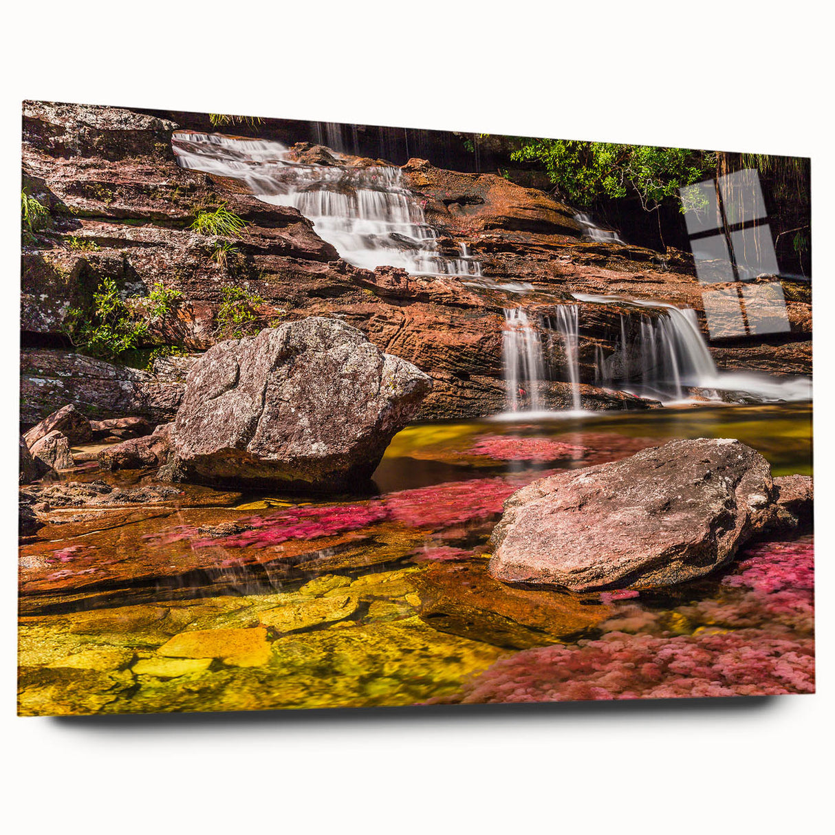 Large abstract wall art of a Colombian landscape in muted earth tones on acrylic glass.