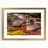 Extra large abstract art print depicting a textured Colombian landscape, in muted earth tones, framed in gold.