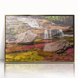 Framed acrylic print of a Colombian landscape in mid-century modernist style, featuring muted earth tones.