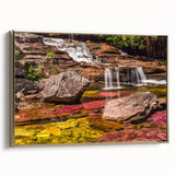 Framed canvas depicting a vintage-style Colombian landscape in muted gold and black tones, ideal for bedroom wall art.