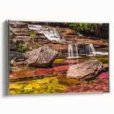 Landscape art painting of a Colombian scenery on framed canvas, featuring vibrant colors and vintage poster style.