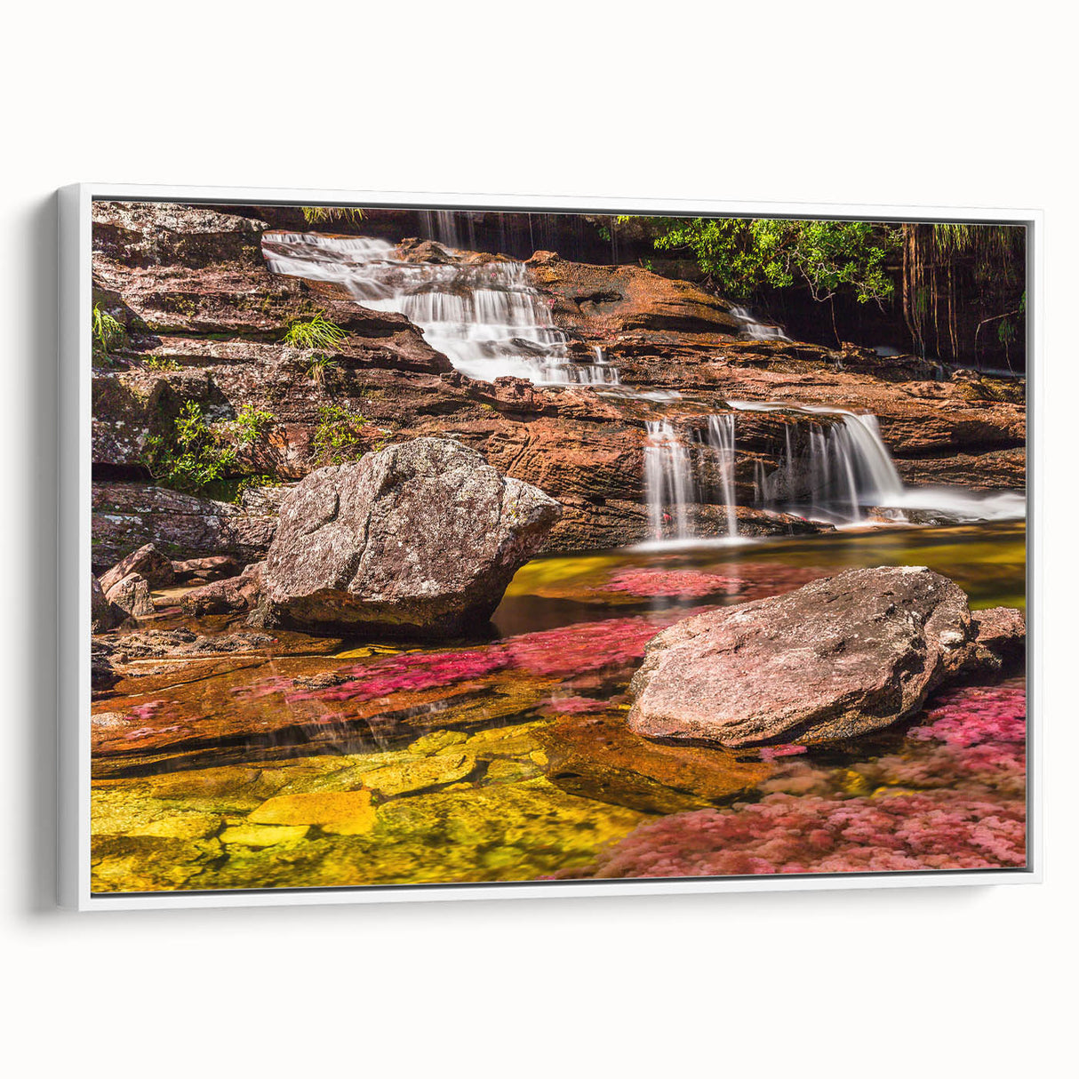 Vintage poster art of a scenic Colombian landscape on framed canvas, featuring vibrant colors, ideal for living room decor.