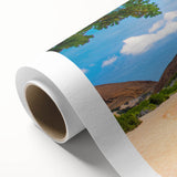 Art Deco poster of Galapagos scenery on rolled canvas, featuring muted earth tones, ideal for nursery wall art.