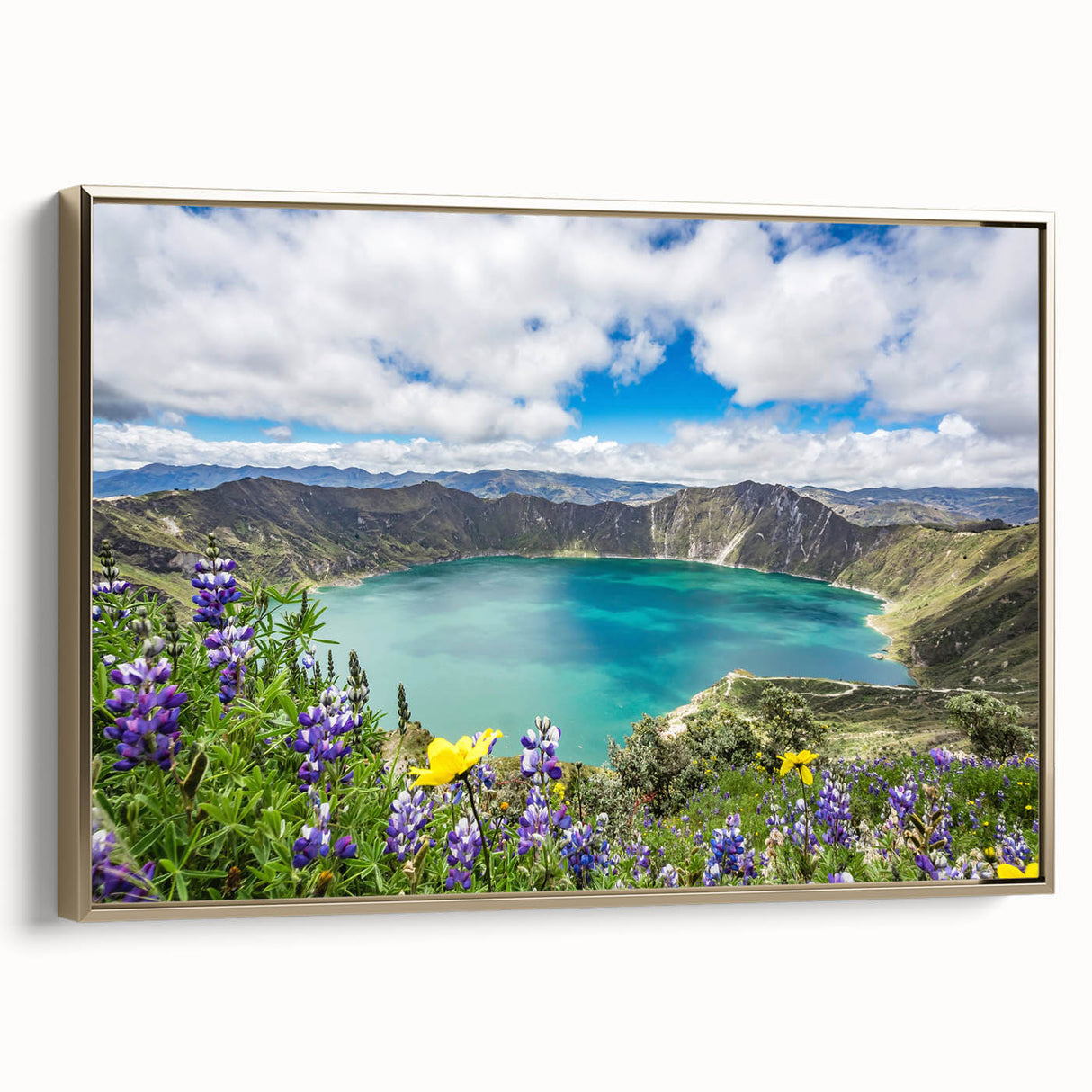 Framed canvas of a vintage-style landscape painting depicting a South American scenery, in muted gold and black tones.