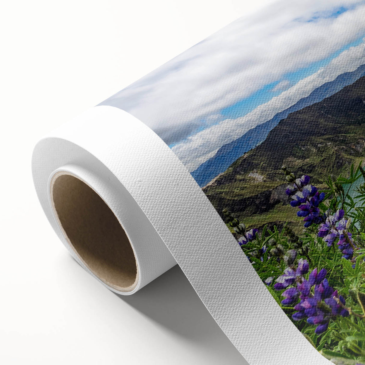 Art Deco poster of a serene Ecuadorian landscape on rolled canvas, with soft pastel colors, ideal for nursery wall art.