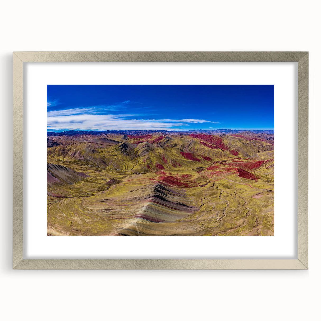 Textured abstract art print of a South American scenery in Peru, using muted earth tones on a framed silver mat.