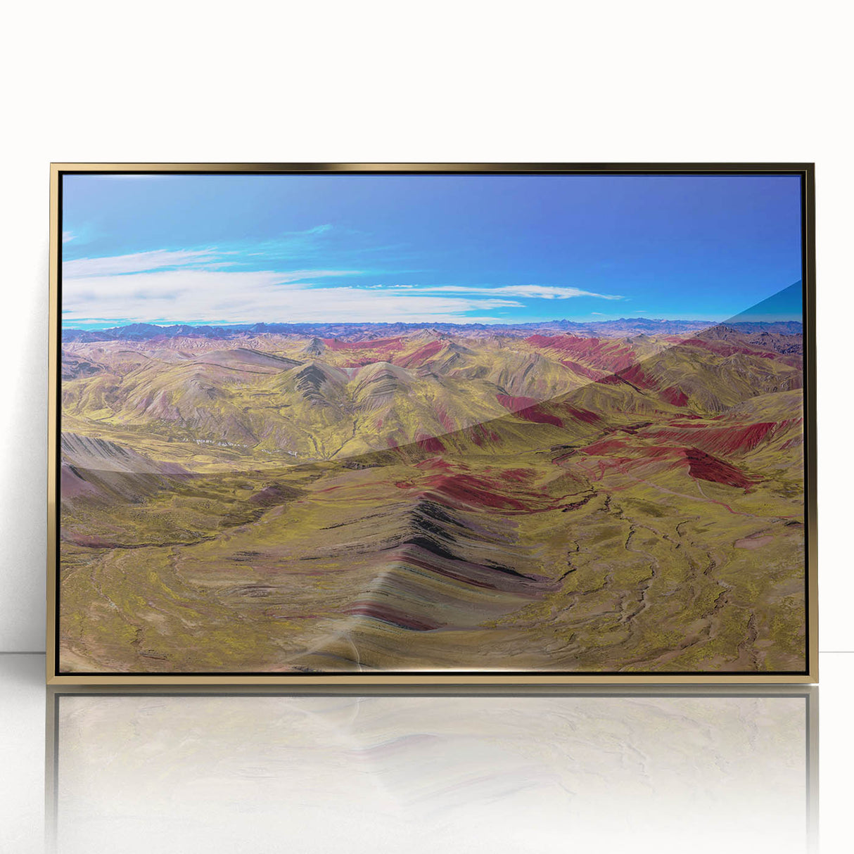 Mid-century modernist style large art print of a Peruvian landscape in acrylic, framed in gold.