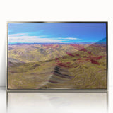 Mid-century modernist art of a Peruvian landscape in muted earth tones on a silver-framed acrylic print.
