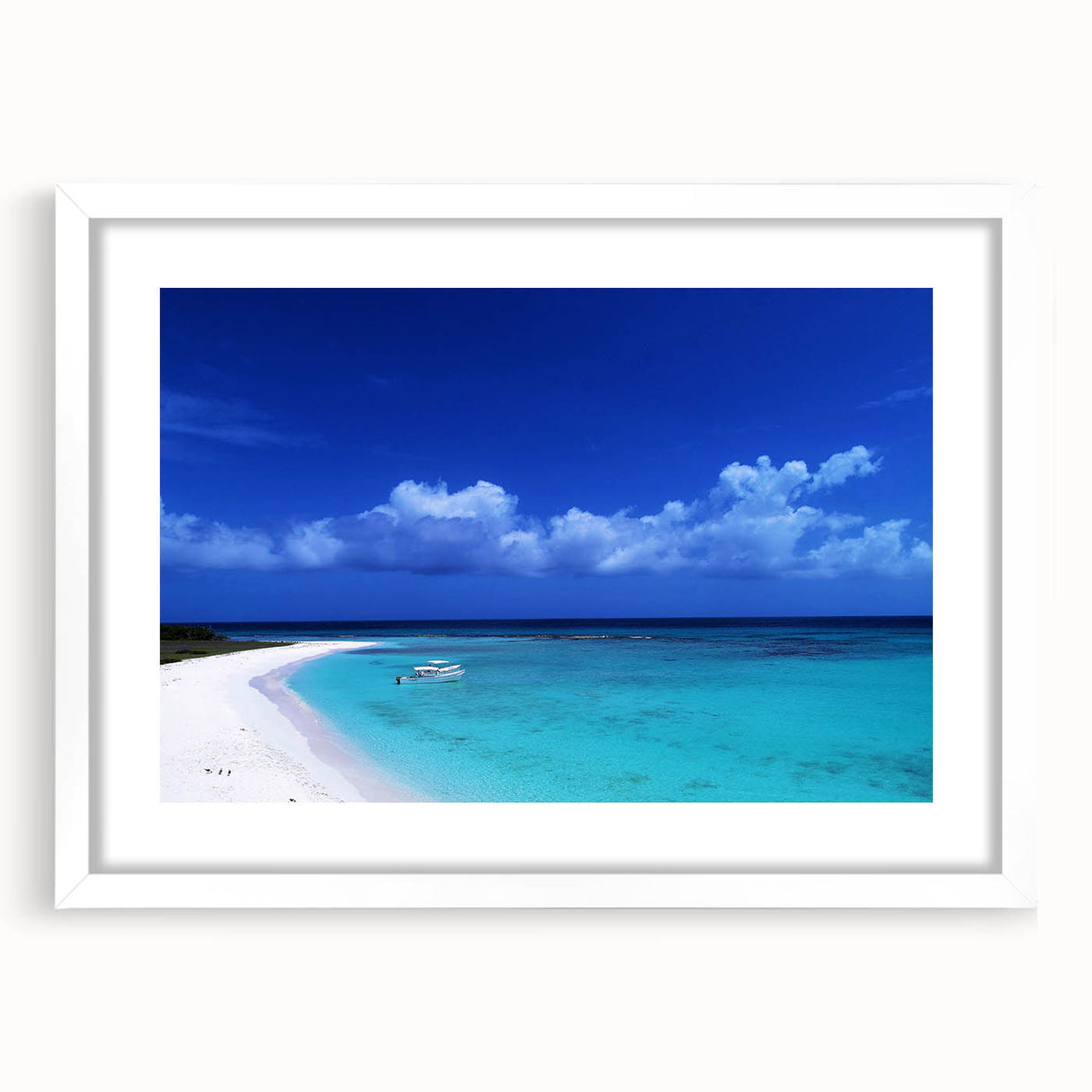 Abstract art print of a Venezuelan landscape in soft blue and green tones on a framed white mat.