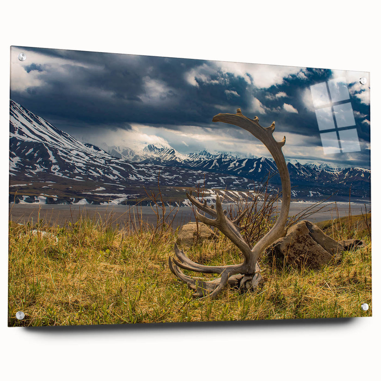 Acrylic print of Denali, Alaska with sharp mountain peaks in subdued blue and gray tones, suitable for dining room decor.