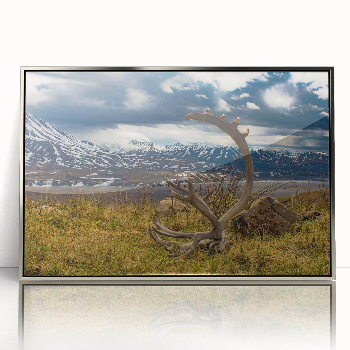 Mid-century modernist art of Denali, Alaska, in silver acrylic frame, using cool blue and gray tones.
