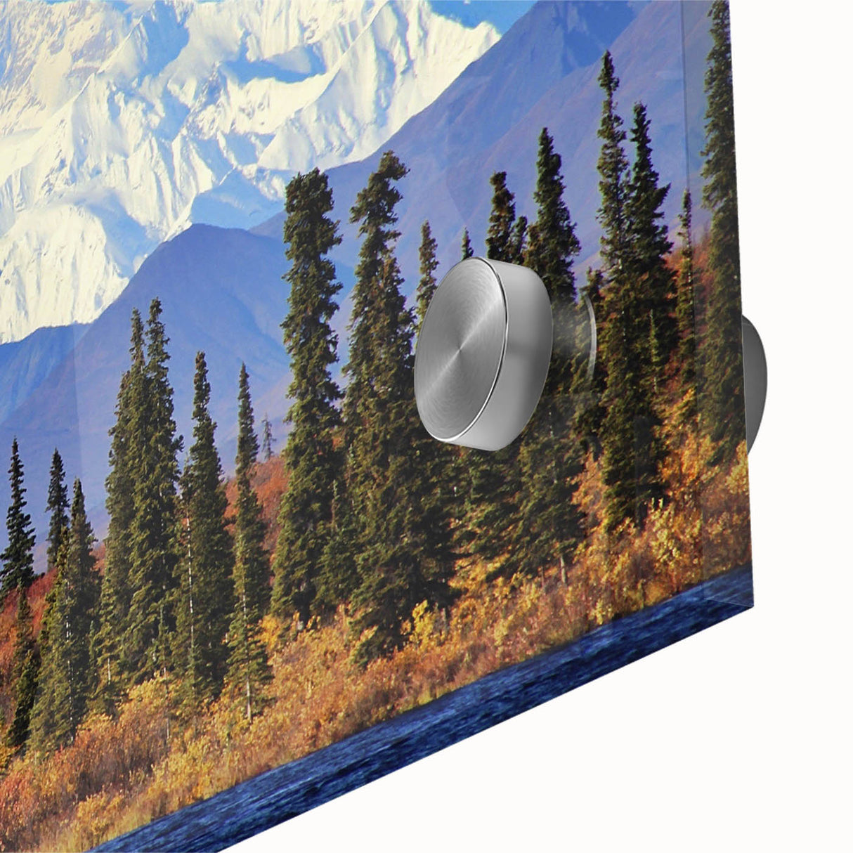 Large abstract wall art depicting Alaskan scenery in muted earth tones on acrylic glass, suitable for dining room ambiance.