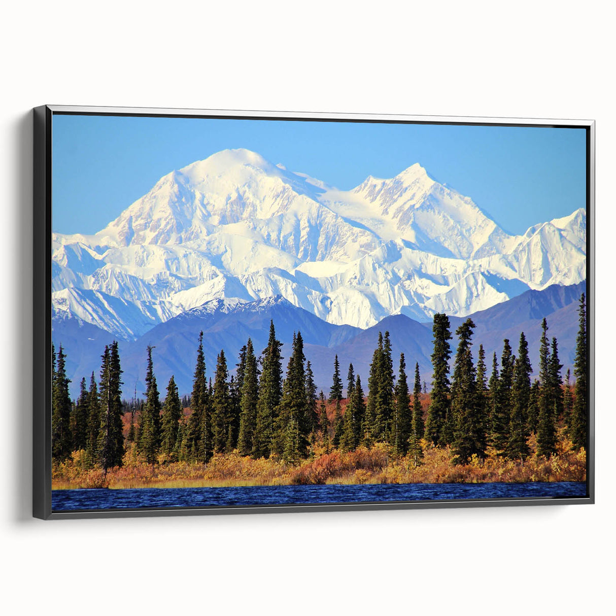 Black and white framed canvas of an Alaskan landscape, ideal for bedroom wall decor.