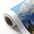 Art deco poster of Alaskan scenery with muted earth tones on rolled canvas, ideal for nursery wall art.