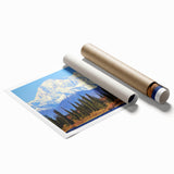 Scenic Alaska landscape on a rolled print, featuring muted earth tones, ideal for classy bathroom or large living room decor.