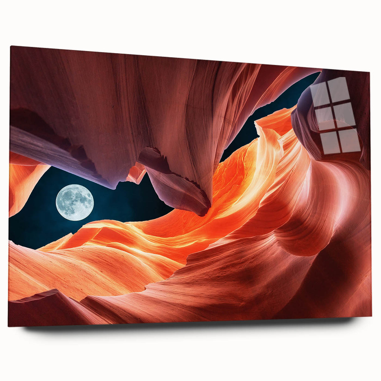 Large abstract depiction of Antelope Canyon in Arizona on acrylic glass, showcasing orange and red tones.