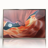 Mid-century modernist art of Arizona's Antelope Canyon in muted earth tones on a framed acrylic print.