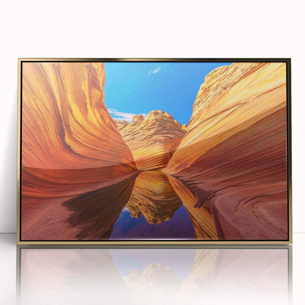 Framed acrylic print of Coyote Buttes in Arizona, featuring earthy tones and mid-century modernist style.