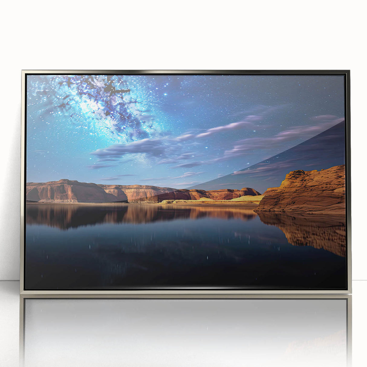 Mid-century modernist art of Lake Powell on a framed acrylic, featuring muted earth tones, ideal for modern art wall decor.