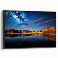 Black and white framed canvas of Lake Powell, Arizona, in a vintage poster style, ideal for bedroom wall decor.