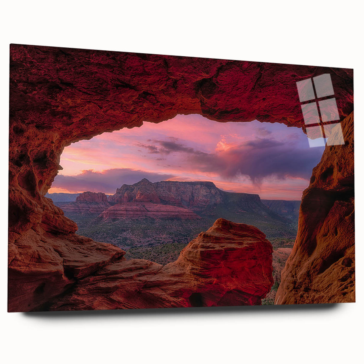Large abstract wall art depicting the Sedona landscape in muted earth tones on acrylic glass.