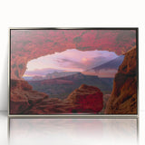 Mid-century modernist art depicting Sedona, Arizona landscape in muted earth tones on a silver-framed acrylic print.