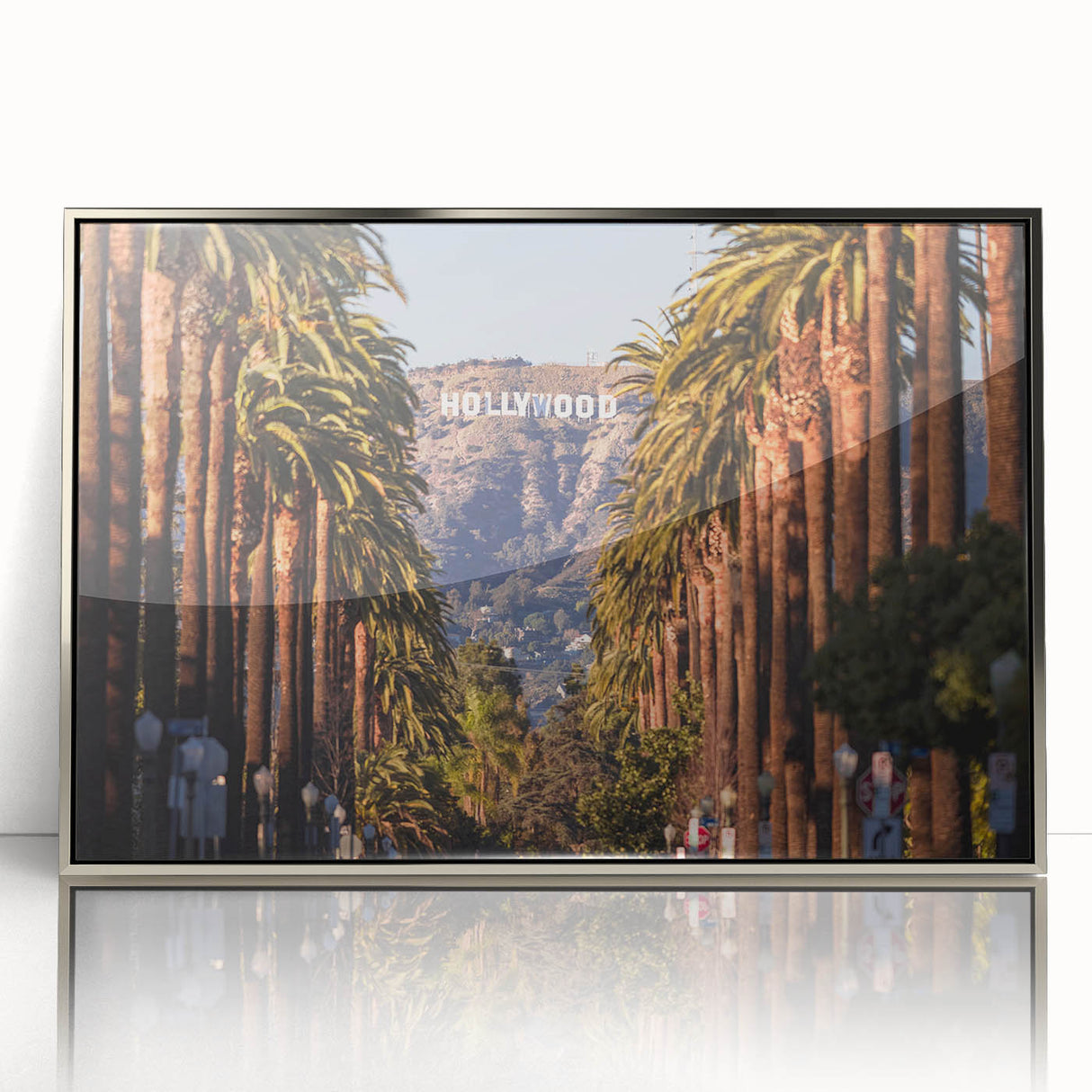 Mid-century modernist art of Beverly Hills scenery in muted pastel tones on framed acrylic, ideal for modern art wall decor.